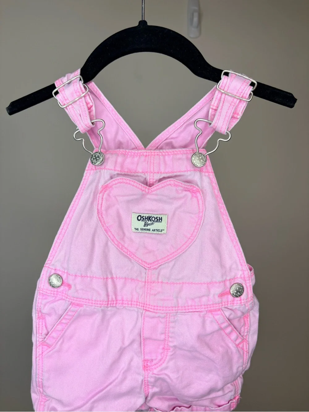 OshKosh B'gosh Pastel Pink Heart Short Summer Denim Overalls 12M